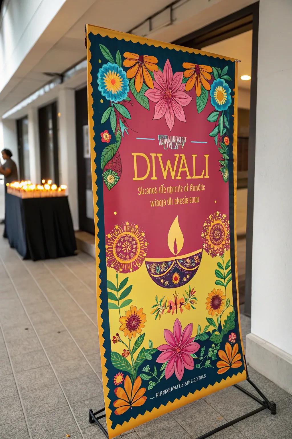 A vibrant Diwali poster featuring flower patterns and vivid colors.