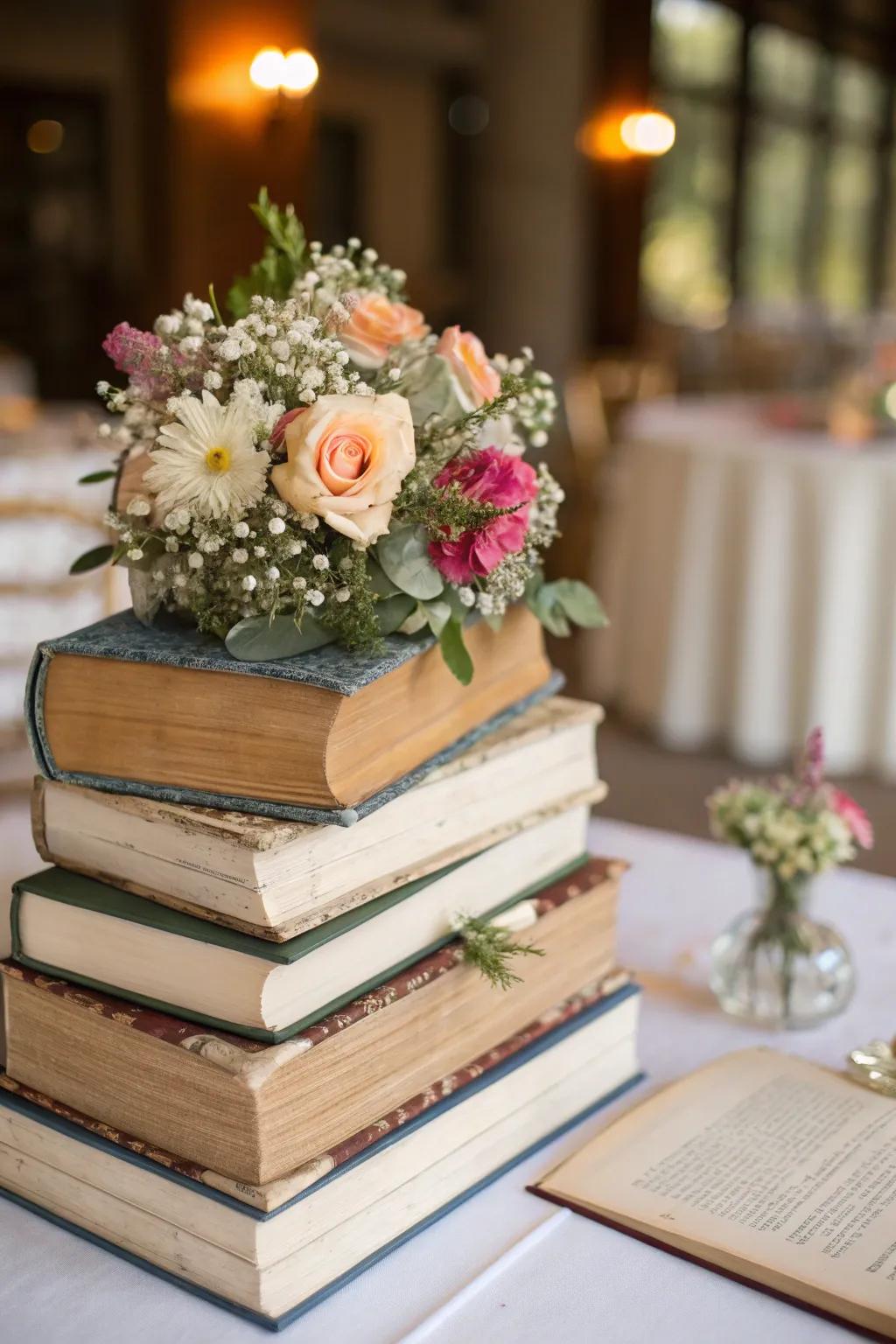 Add literary charm with vintage book stacks.