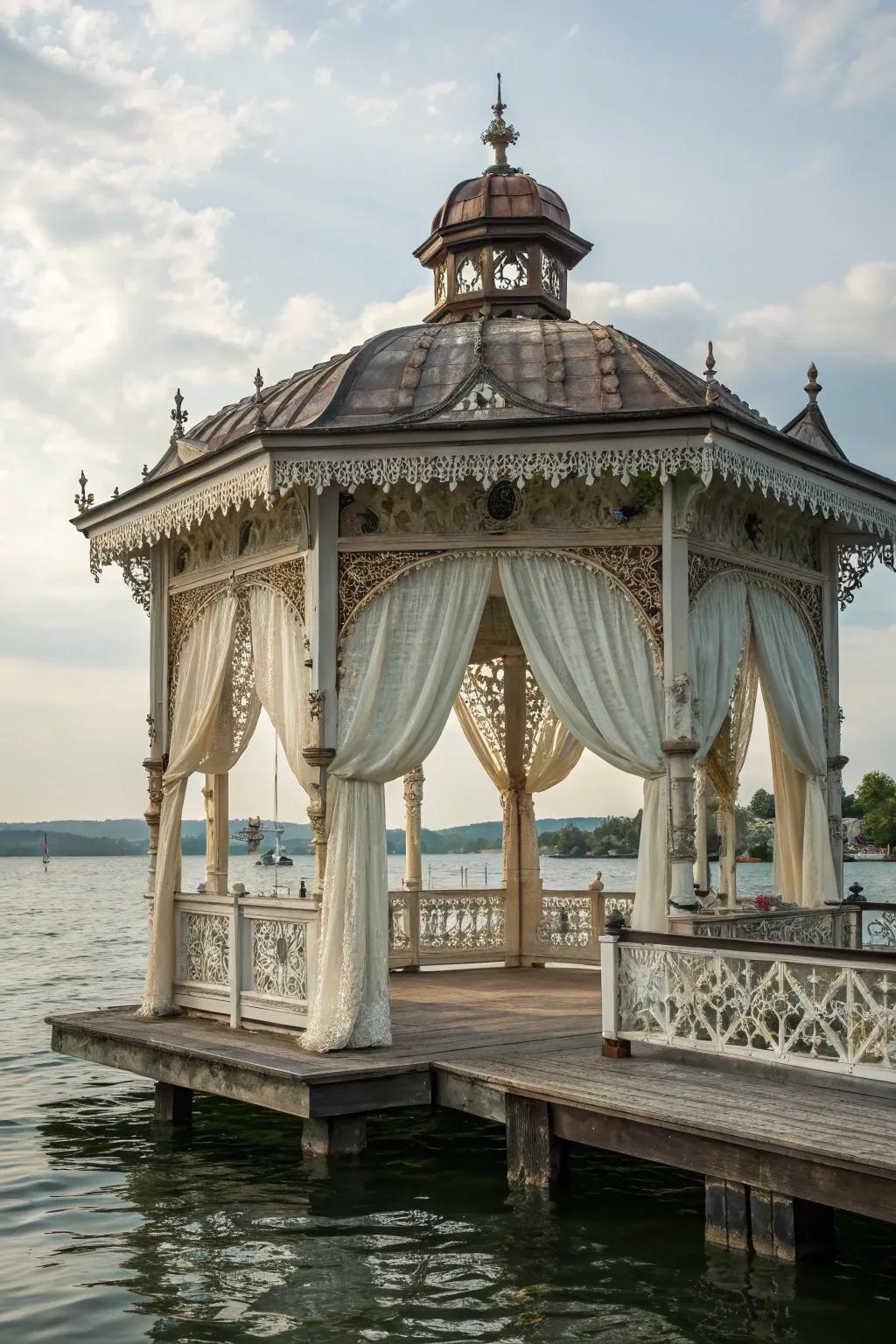 Sophisticated charm transforms a dock into an opulent outdoor retreat.
