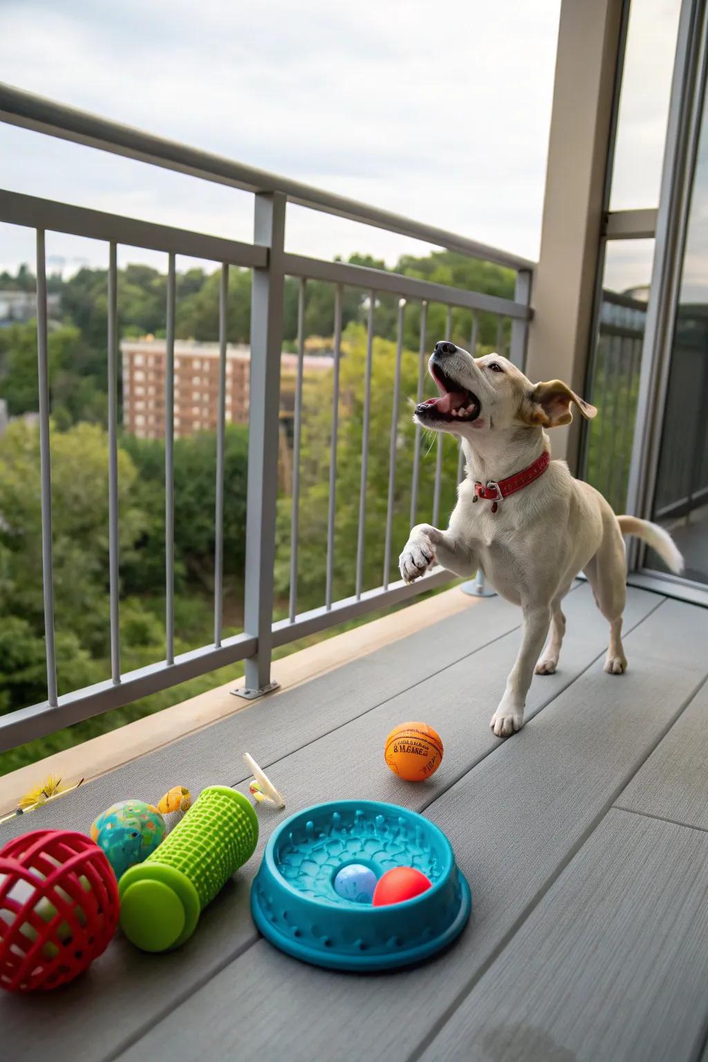 Toys and chews keep dogs amused on the balcony.