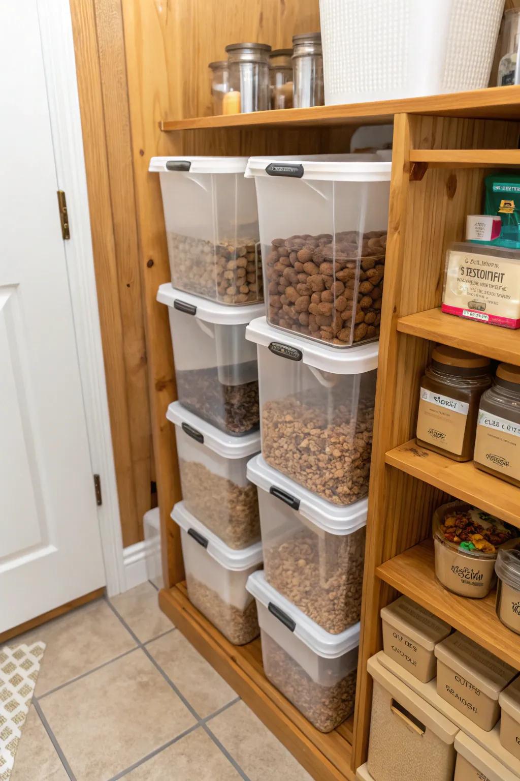 Large nestable bins with spoons provide a tidy solution for large quantities of dog food.