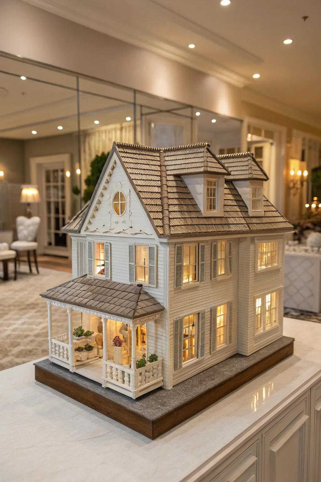 A rooftop design enhances the realism of a dollhouse arrangement.