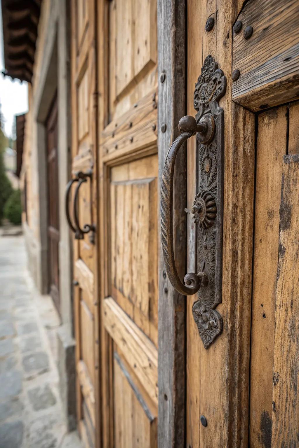 Rustic iron handles add a grounded, rustic feel.