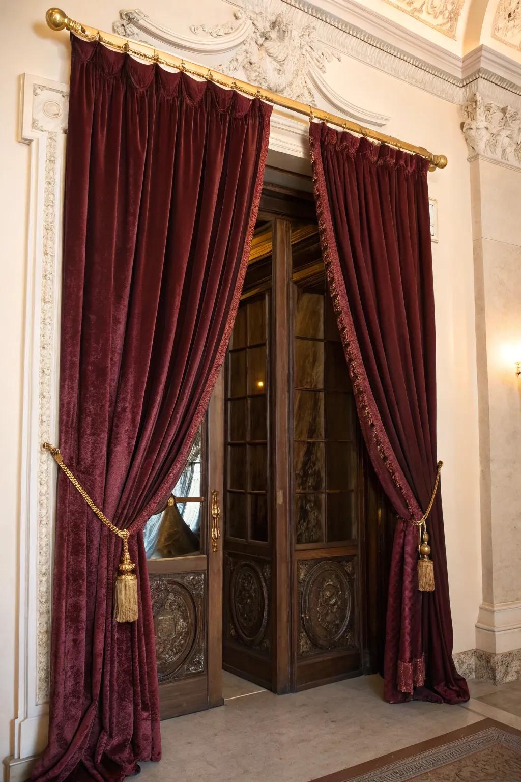Turn entrances into focal points with long drapes.