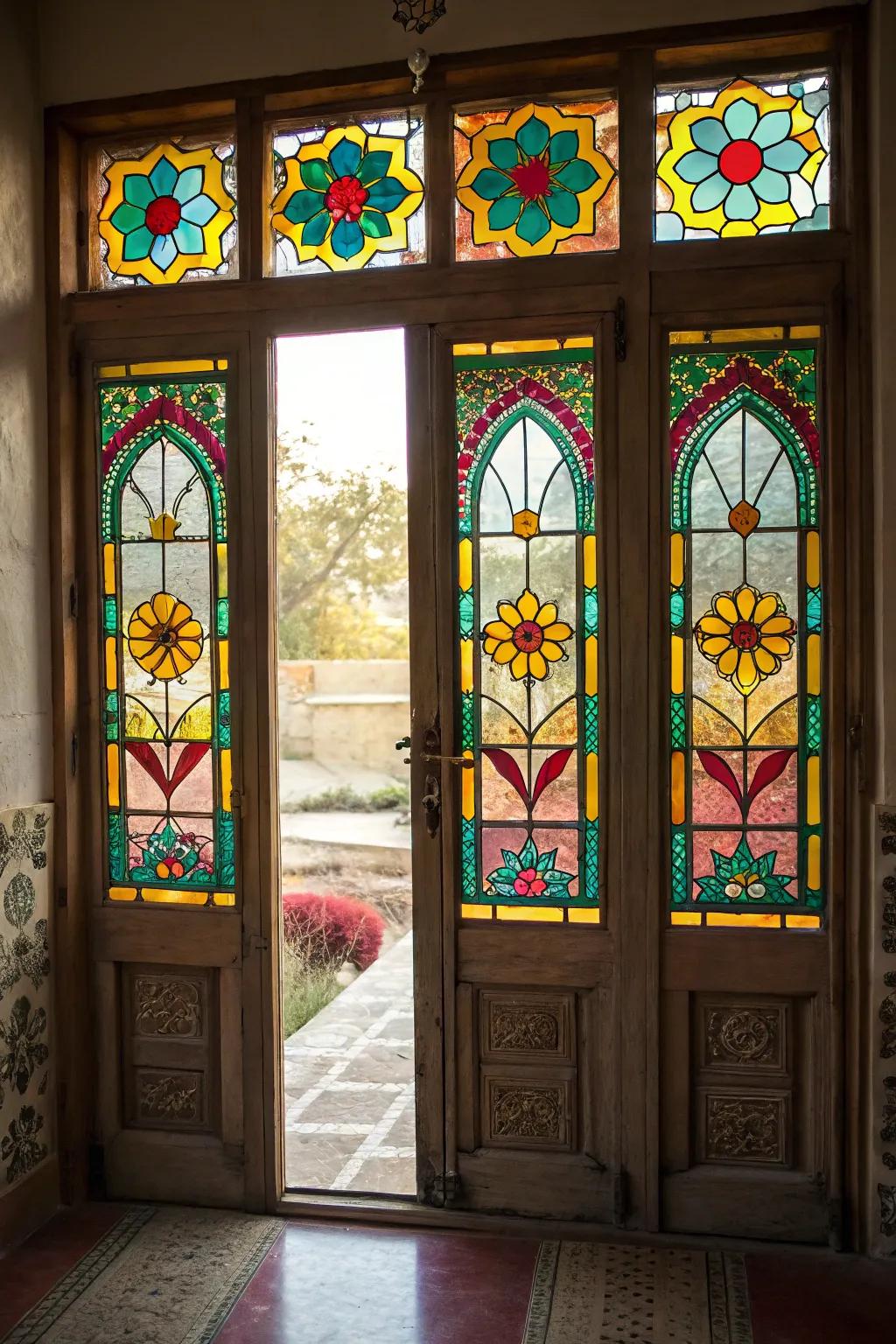 Art glass stickers add vibrant color and privacy to your door windows.