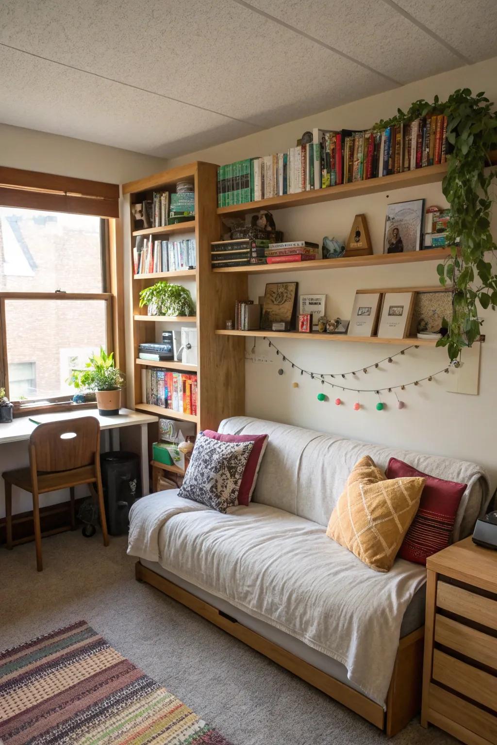 Vertical shelving above a couch makes the most of the area in this dorm.
