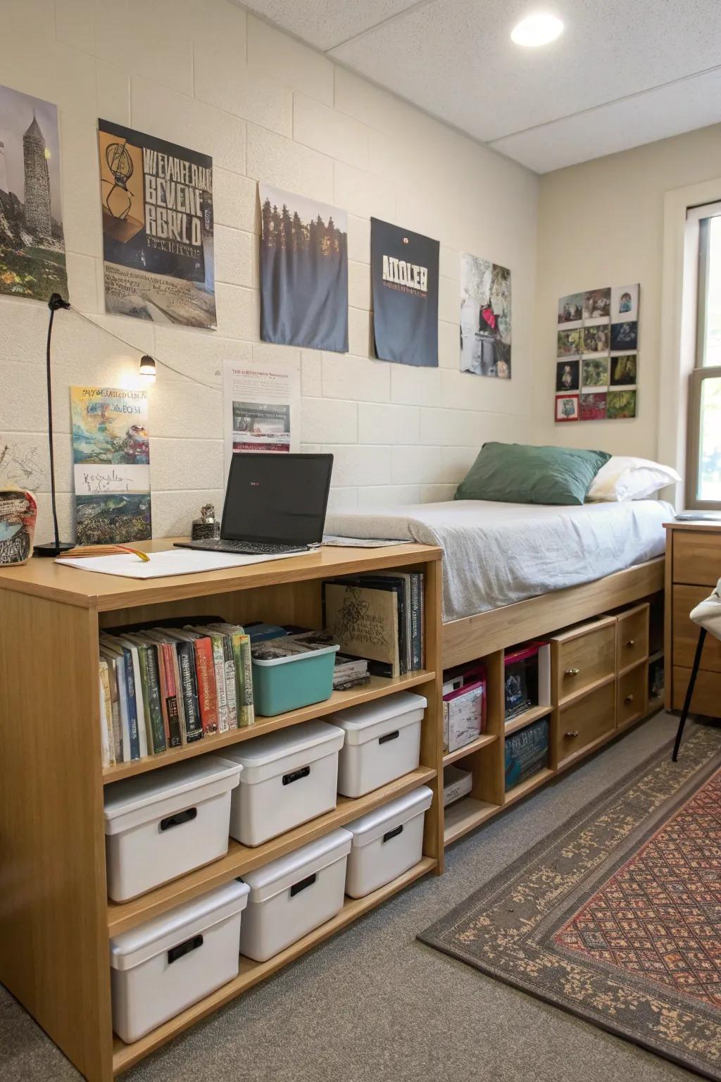 Smart storage solutions assist in keeping a tidy dorm room.
