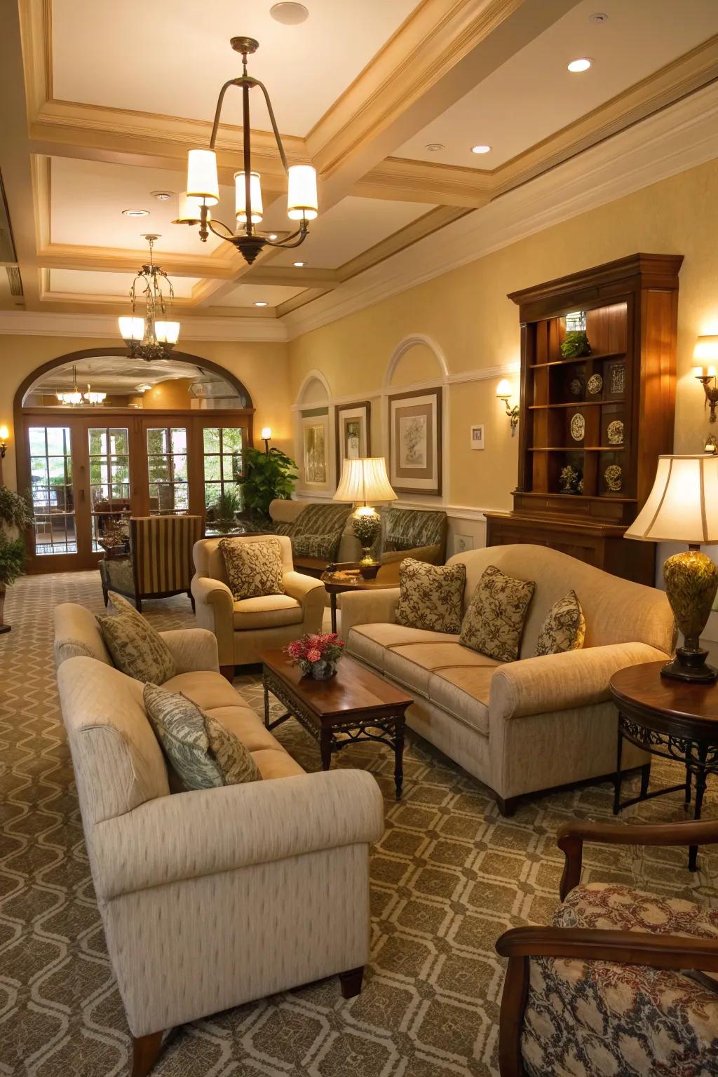 Extensive seating encourages comfort and conversation in the double parlor.