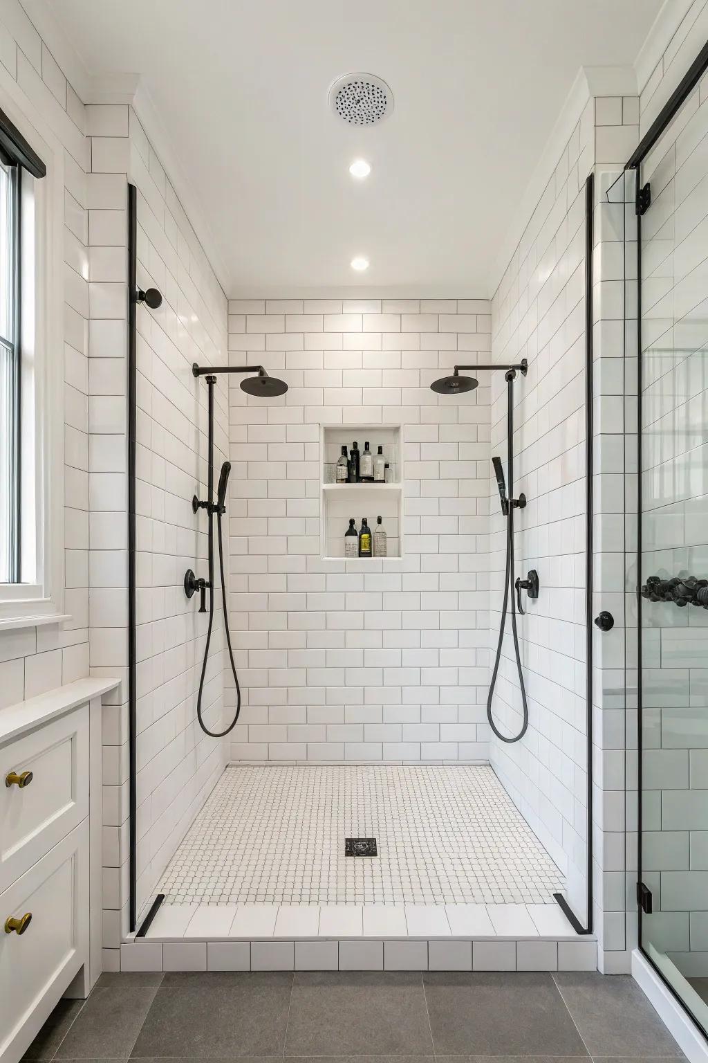 Achieve modern elegance using a minimalistic double shower design.