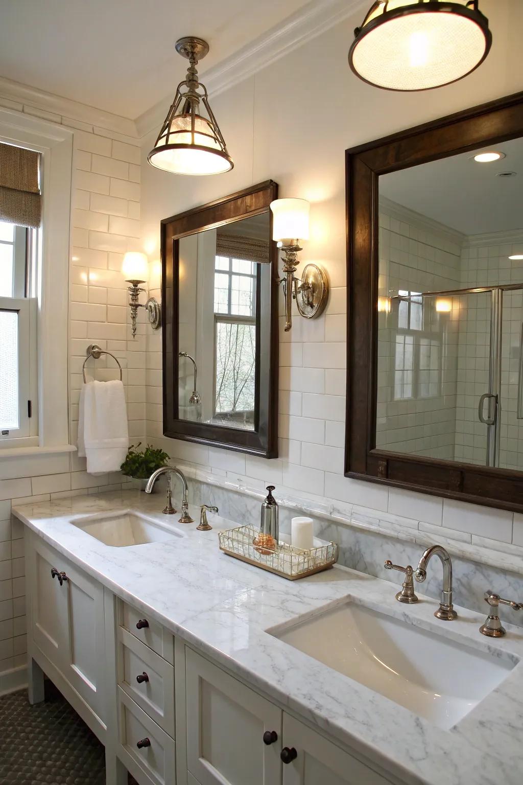 Elegant sconces and pendant lights beautifully brighten the double sinks.