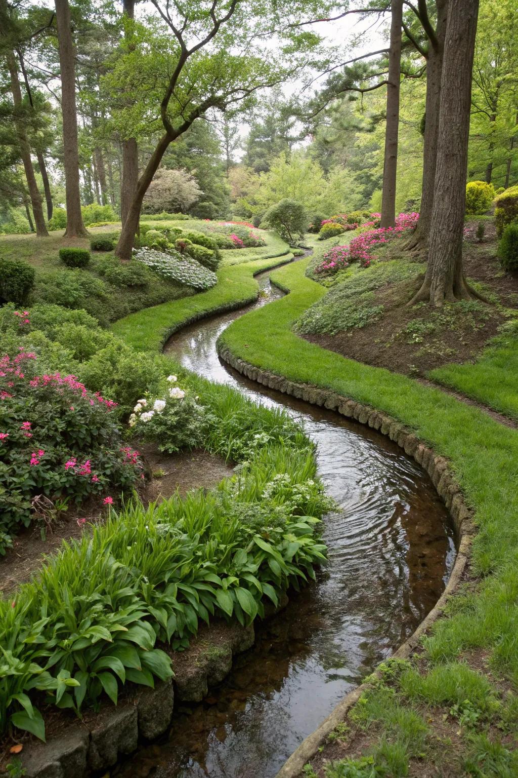 Curved swales enhancing your garden with nature's design.