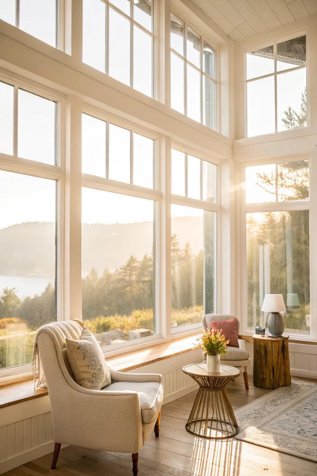 A bright and airy room featuring large windows letting in natural light.