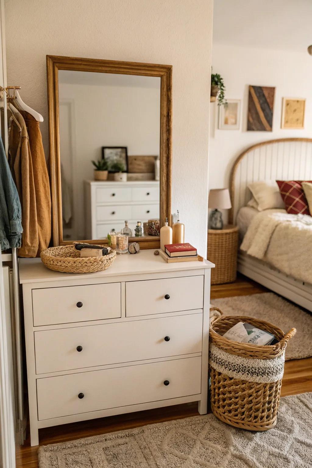 A mirror above a dresser, reflecting light and visually expanding the room.