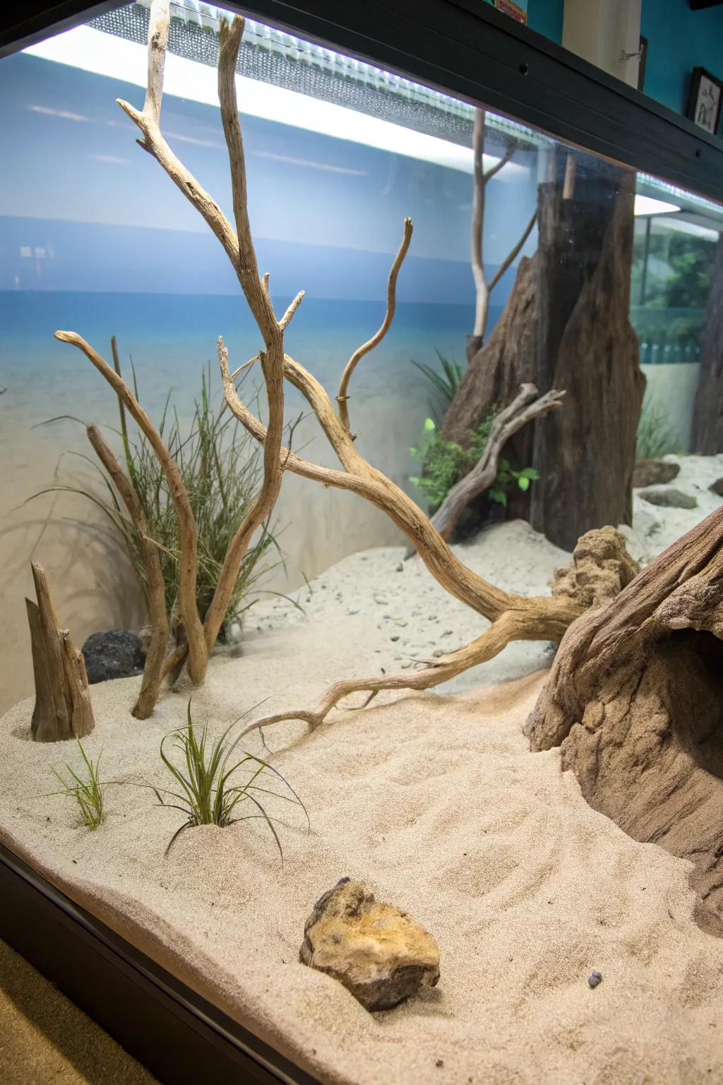 A coastal beach-inspired aquarium featuring light timber and sandy hues.