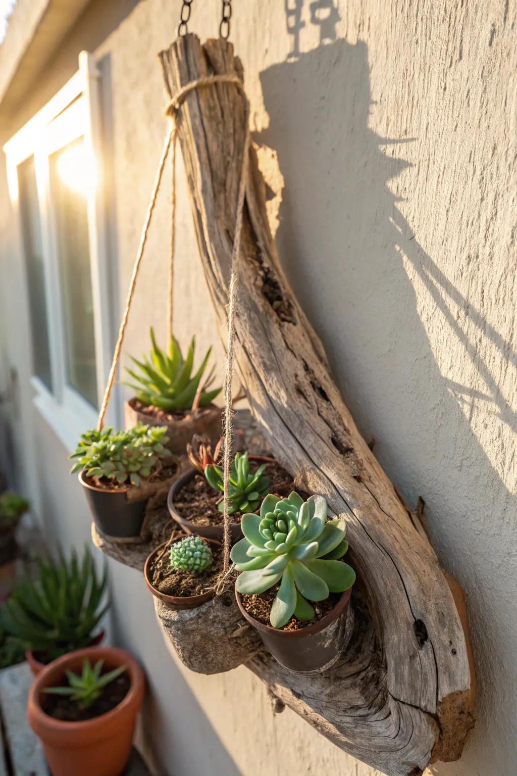 Display your greenery using creative found-wood plant stands.