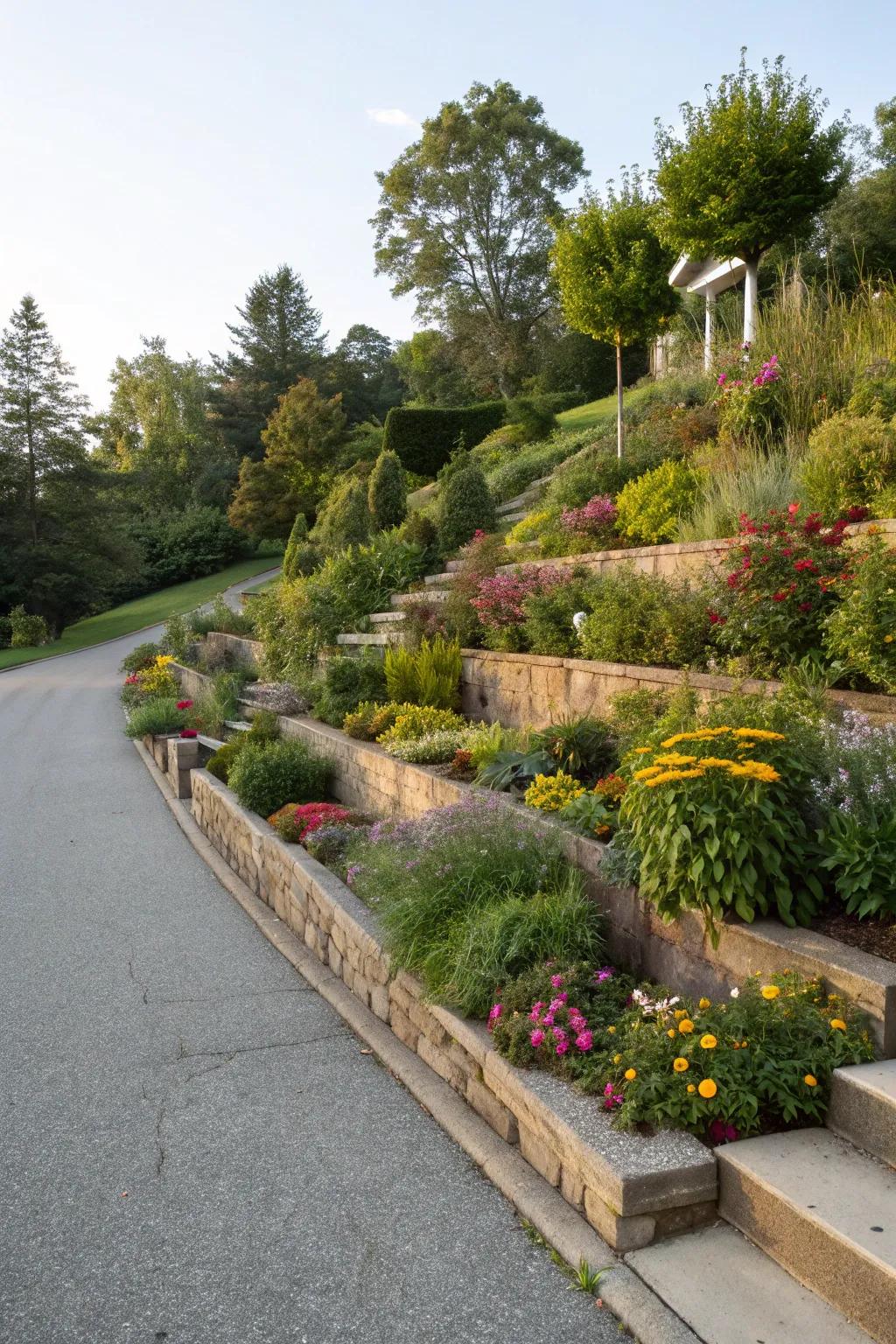 Tiered planting enhances the dimension and intrigue of your driveway landscape.