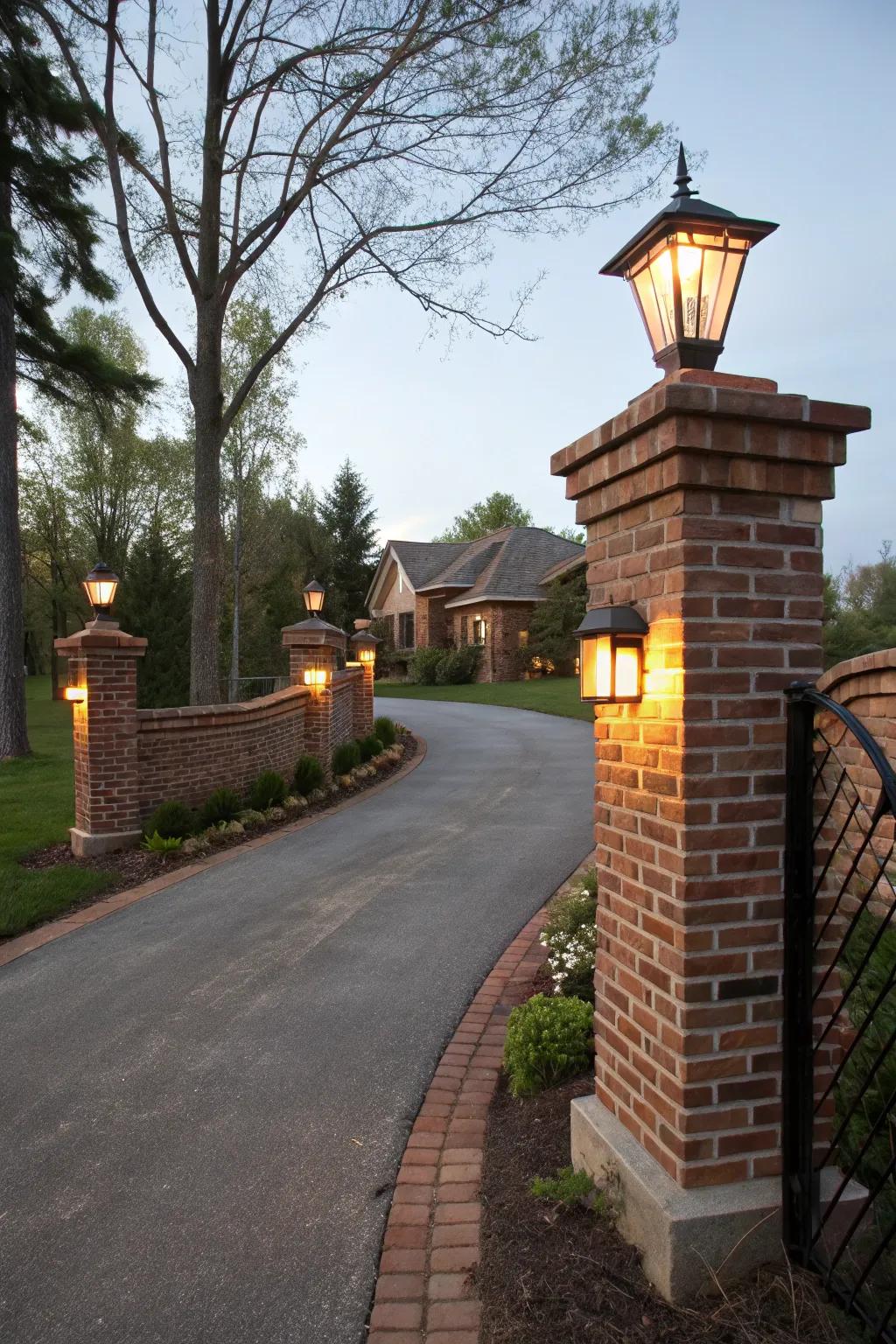 Classic wall-affixed lights illuminating the drive's entrance.