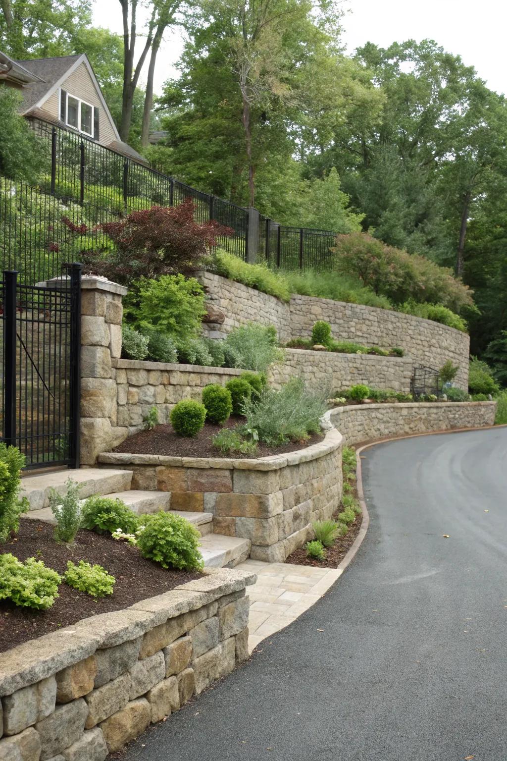 Stone support structures adding dimension and texture to the driveway.