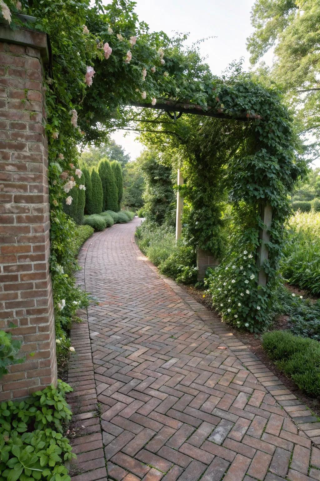 A criss cross brick path with lush, flowering vines.