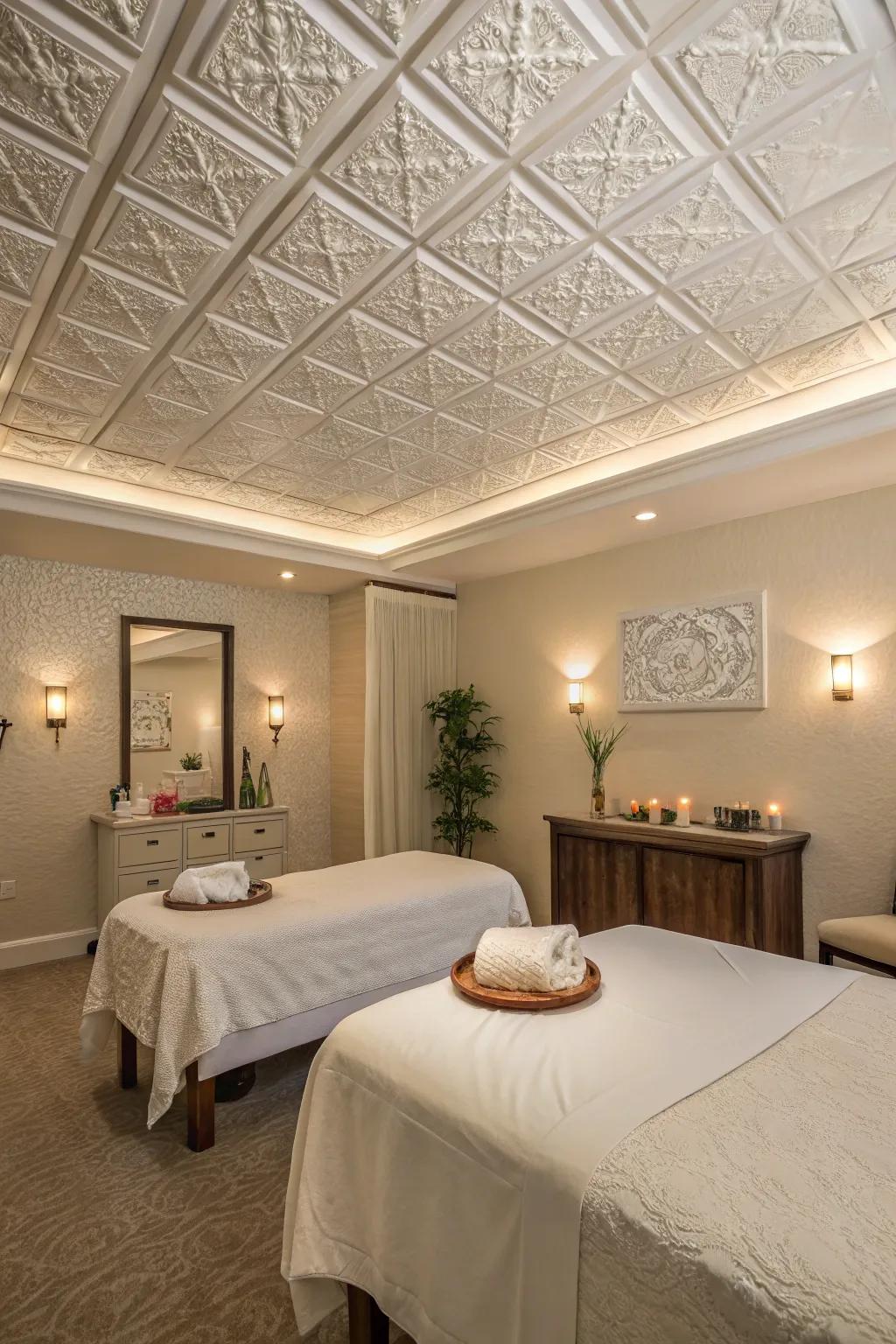 Create a calming space with natural textured ceiling boards.