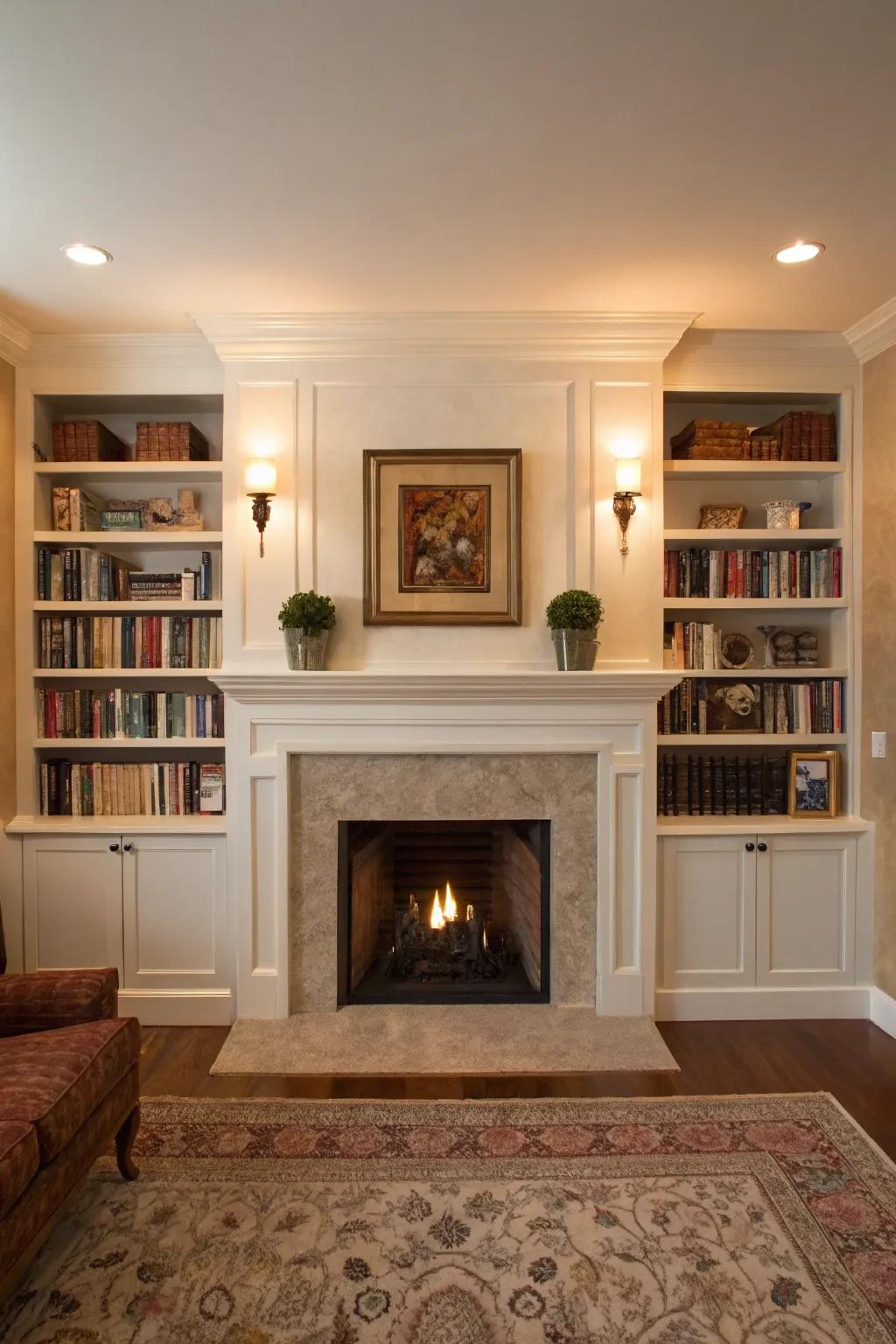 Symmetry around a drywall fireplace encourages balance.
