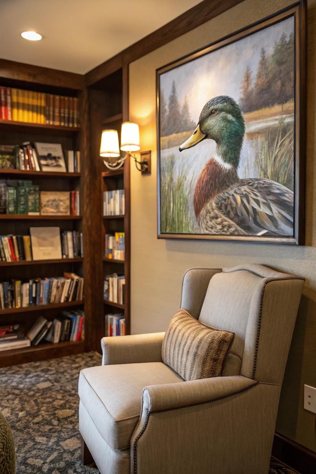 A true-to-life duck rendering provides a serene focal element.