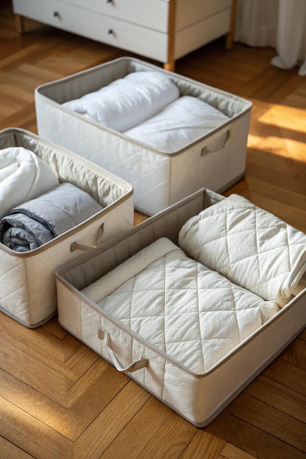 Under-bed storage boxes are perfect for keeping comforters hidden yet handy.