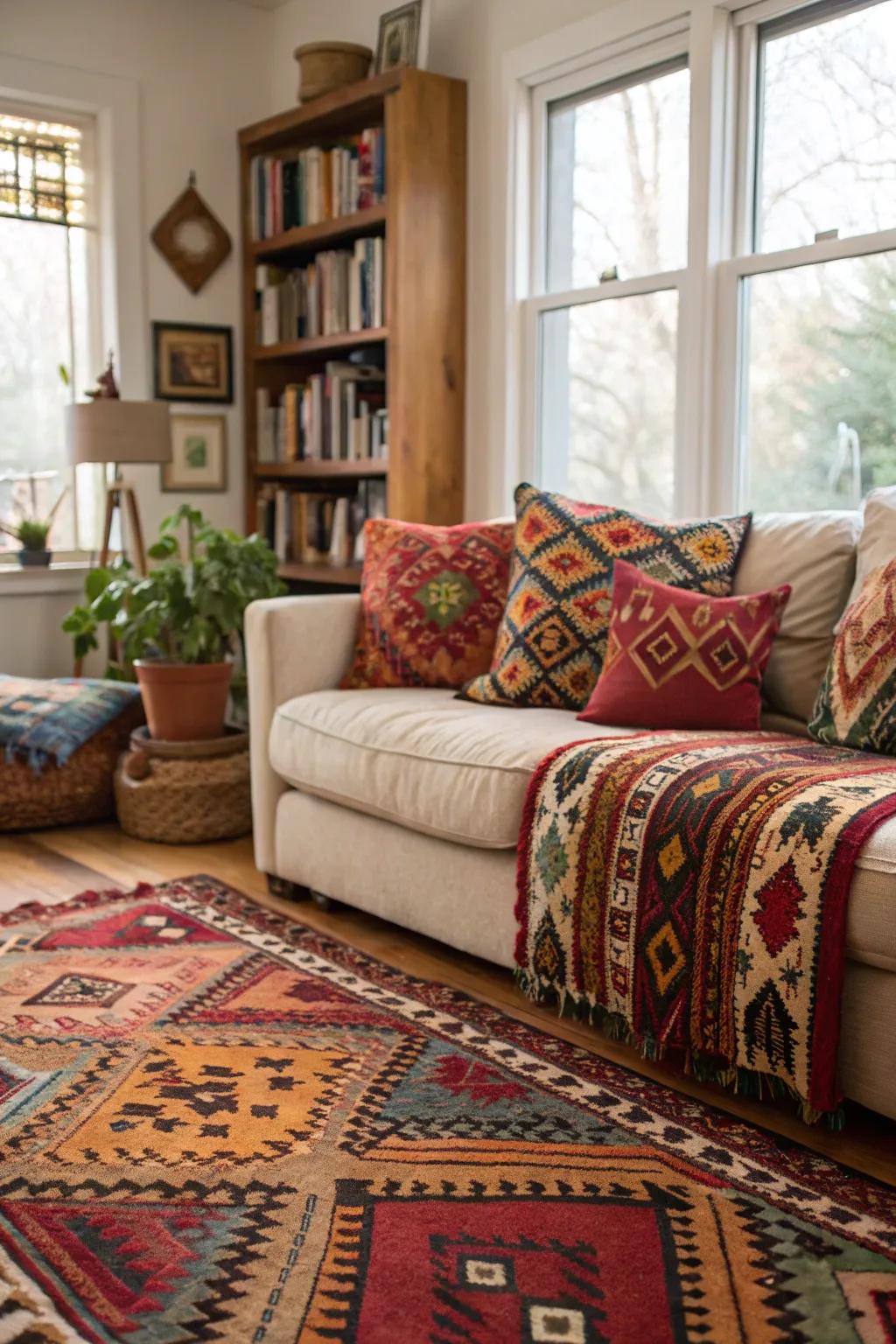 Living area showcasing ethnic patterned decor for a bohemian vibe.