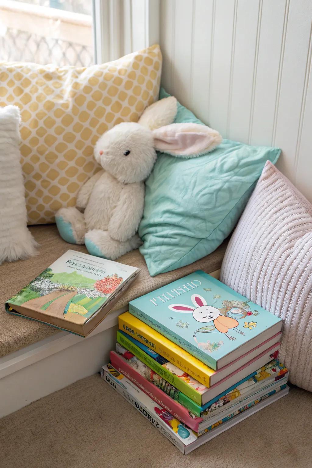 A snug Easter storytelling nook tailored for toddlers.