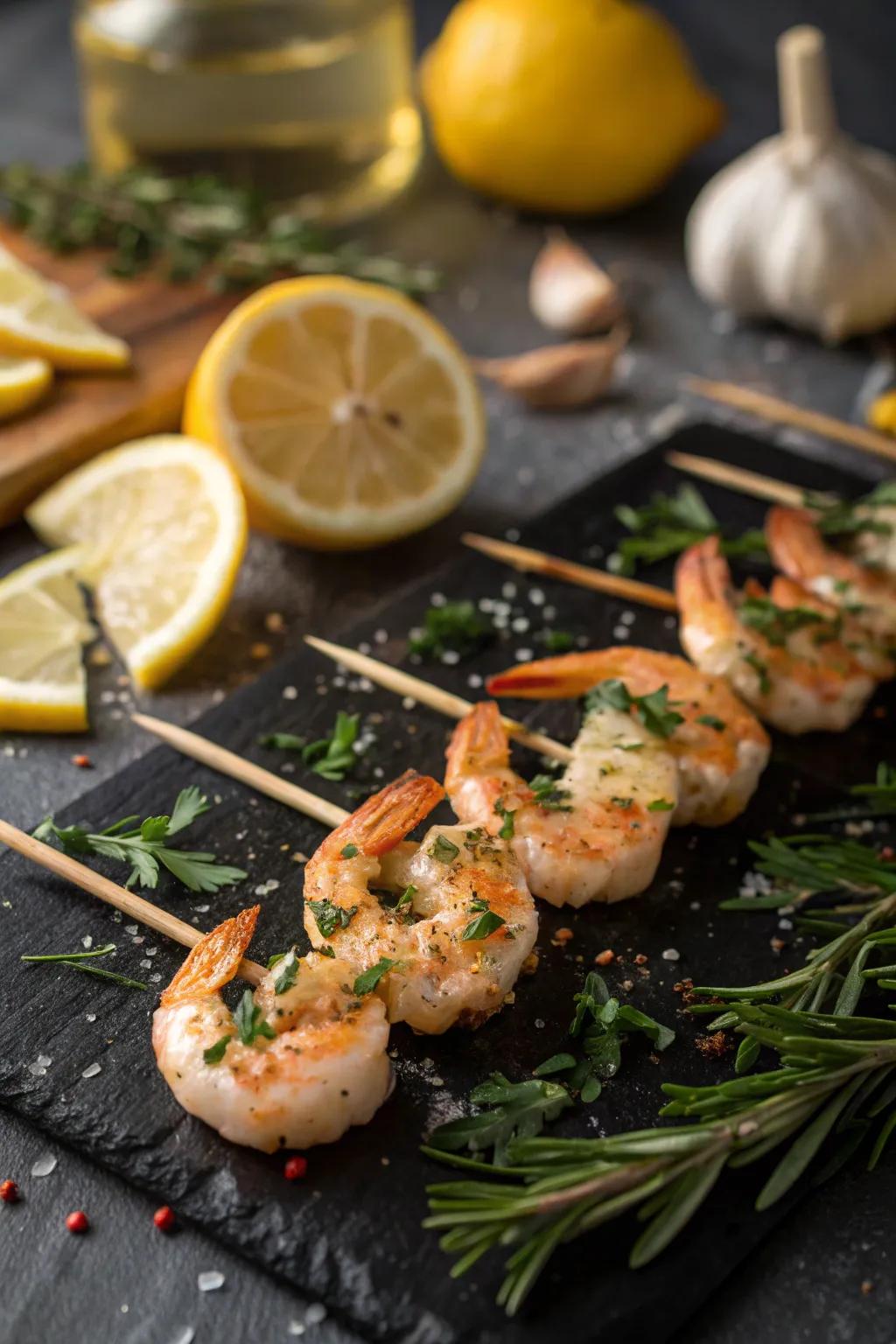 Delicious shrimp skewers infused with garlic and lemon.
