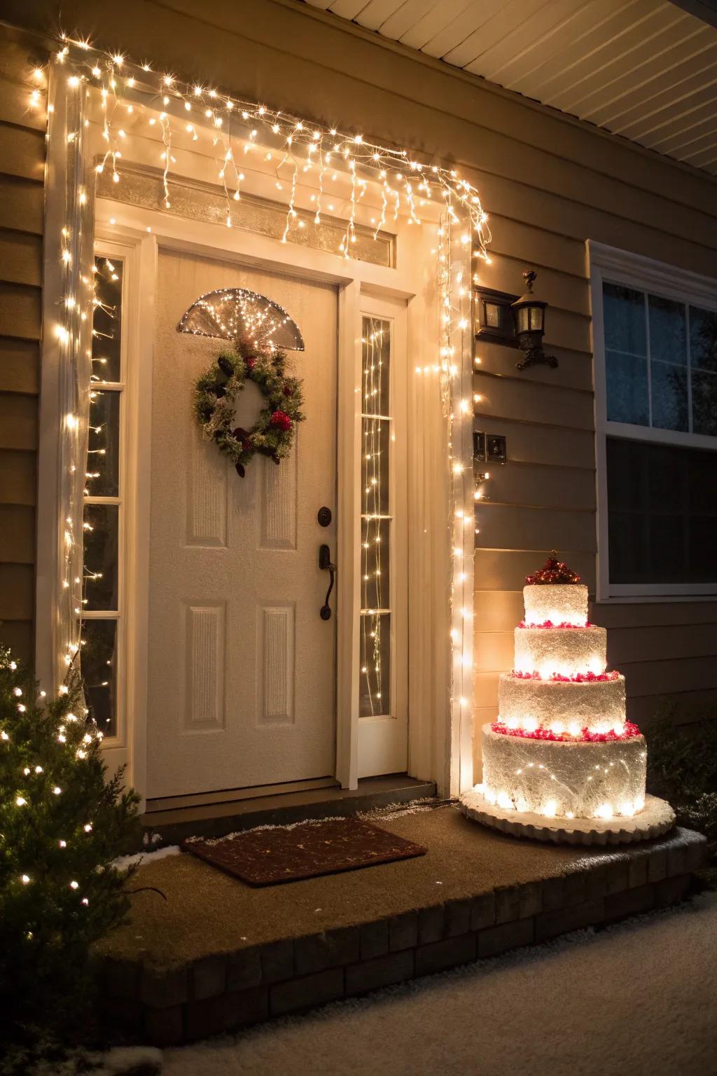 Pale twinkle lights fashion a magical frosting effect around the door.