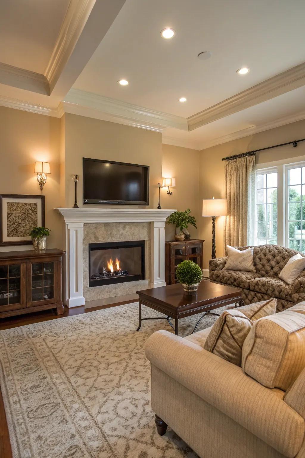 Neutral hues provide a tranquil and elegant foundation for your fireplace and TV.