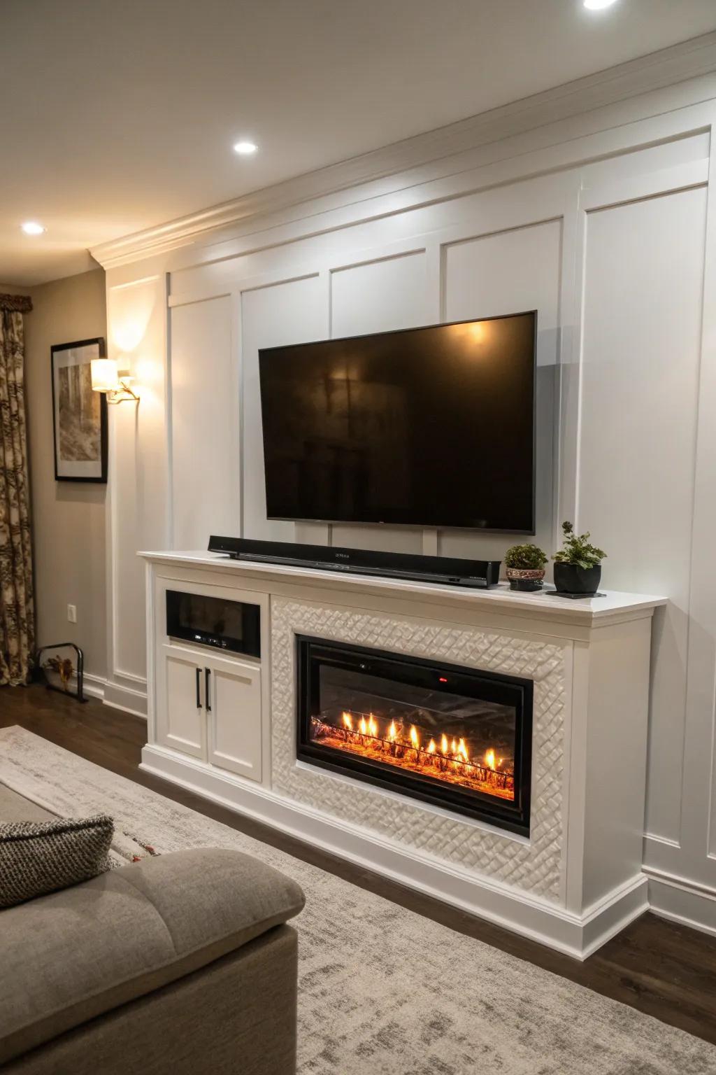 A modern entertainment setup featuring a TV above an electric fireplace