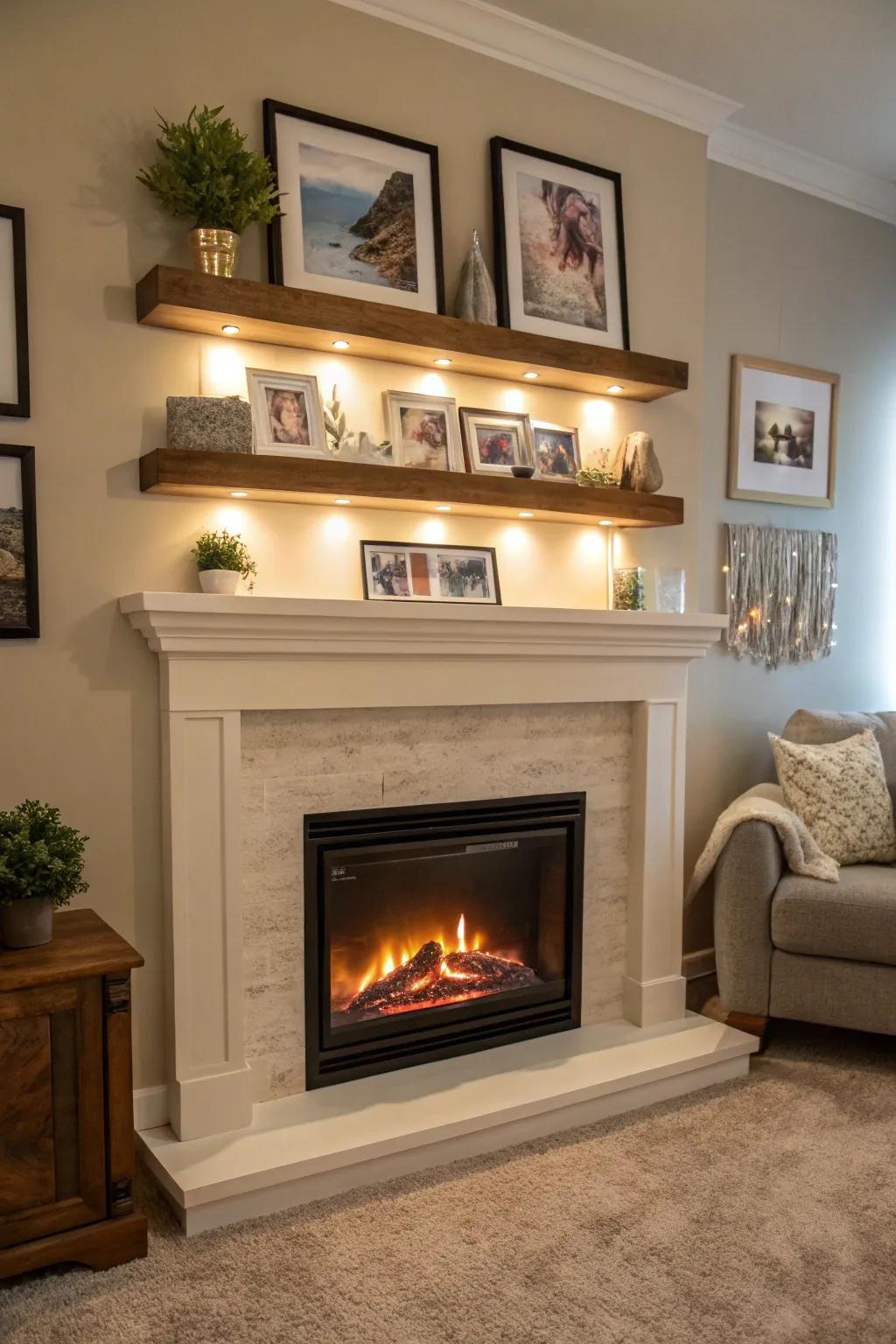 An electric fireplace with floating shelves above, displaying art and photos.