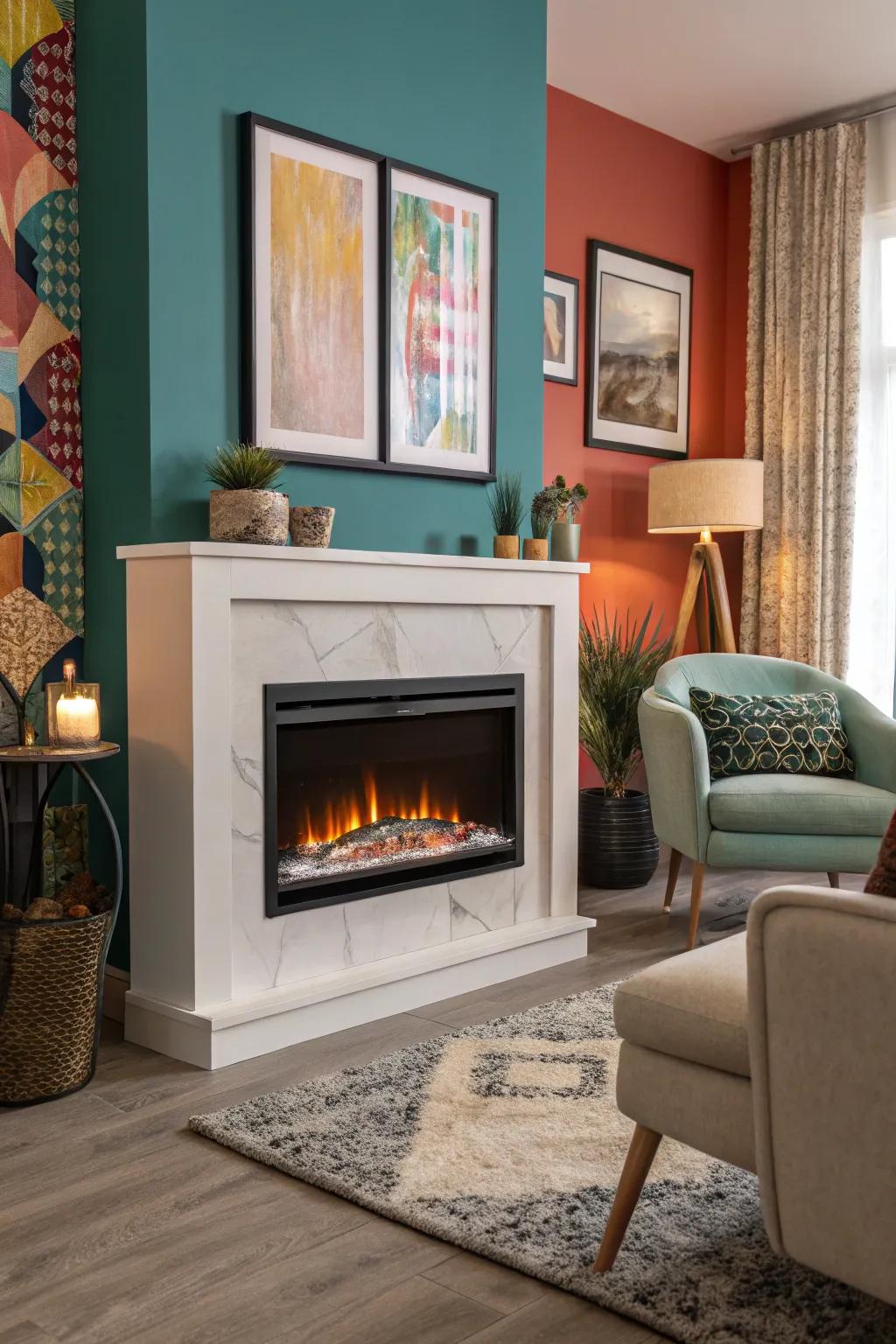 A vibrant statement wall highlights the electric fire feature.