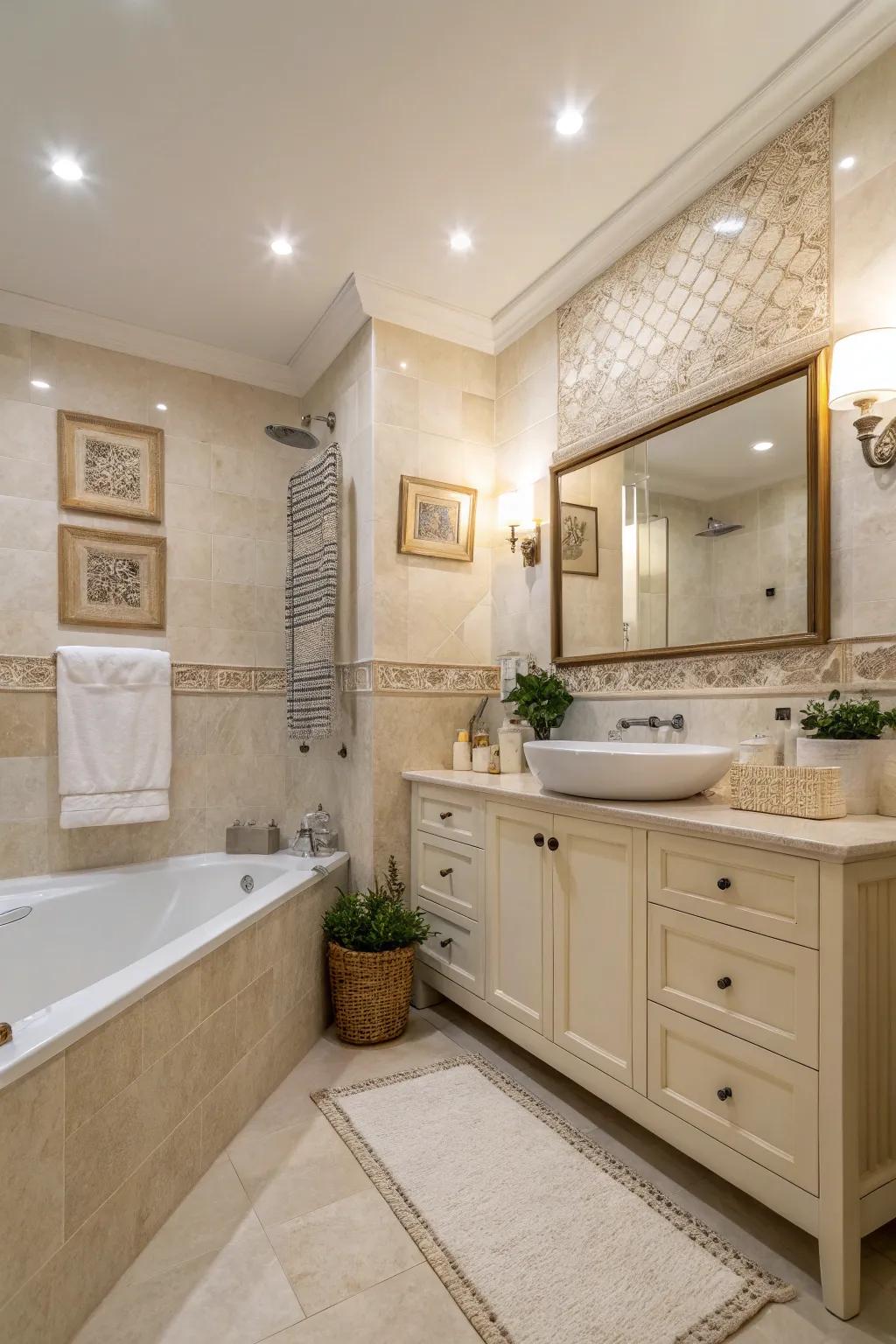 A balanced hue scheme encourages peace in this chic bathroom.