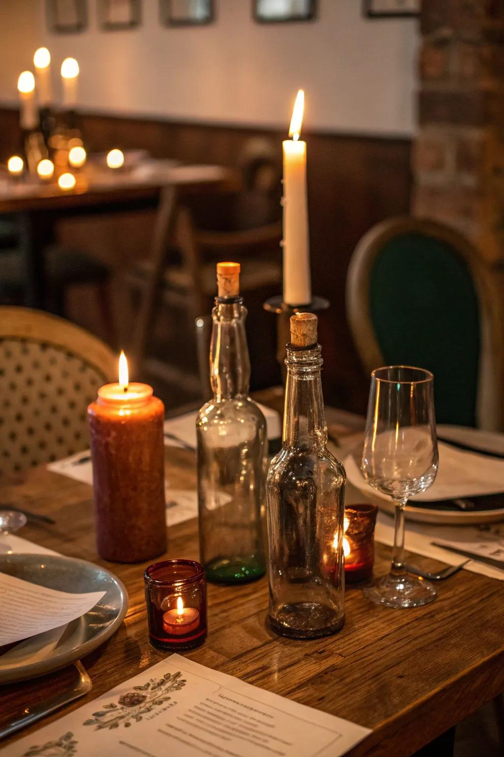 Establish a romantic mood using bottle candle stands.