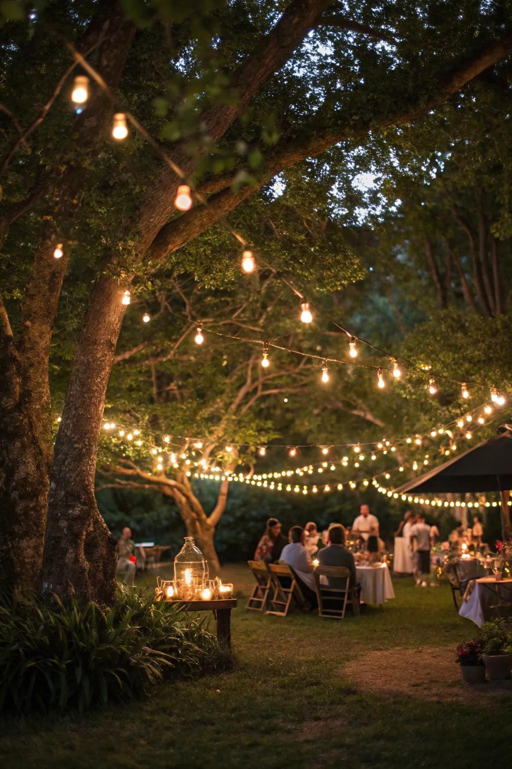 Sparkle lights project a magical shine over the enchanted forest arrangement.