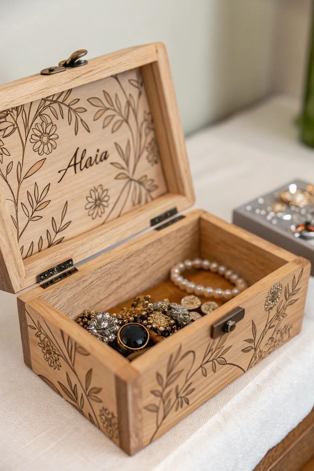 An engraved treasure chest is both useful and decorative for any vanity.