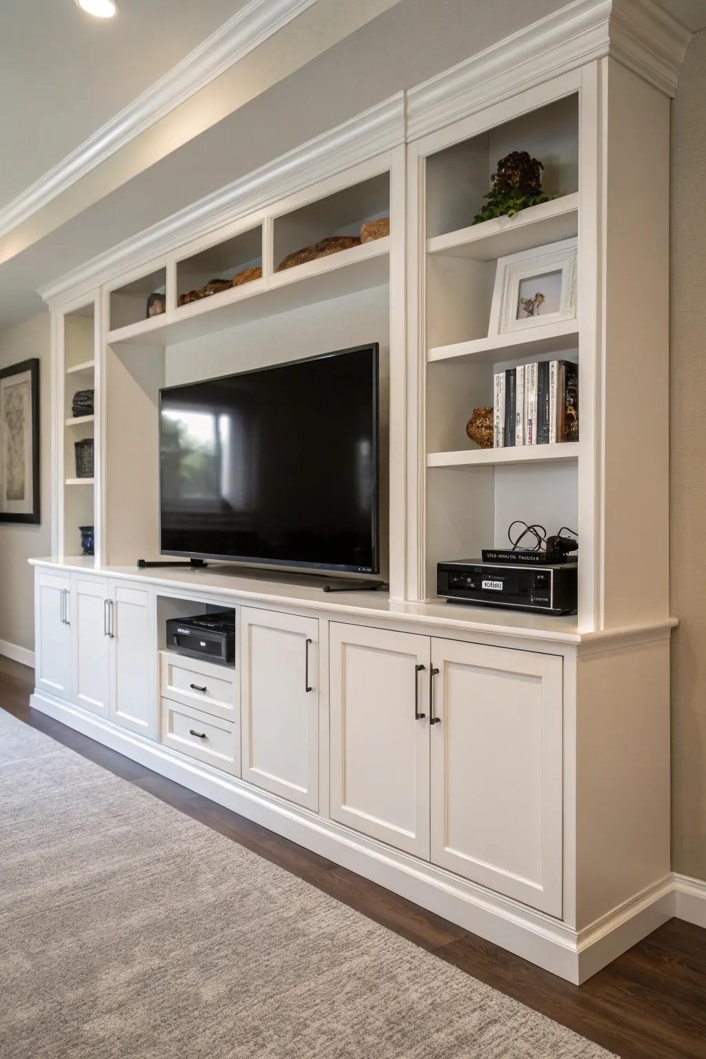 A media hub featuring smart storage with built-in closets.