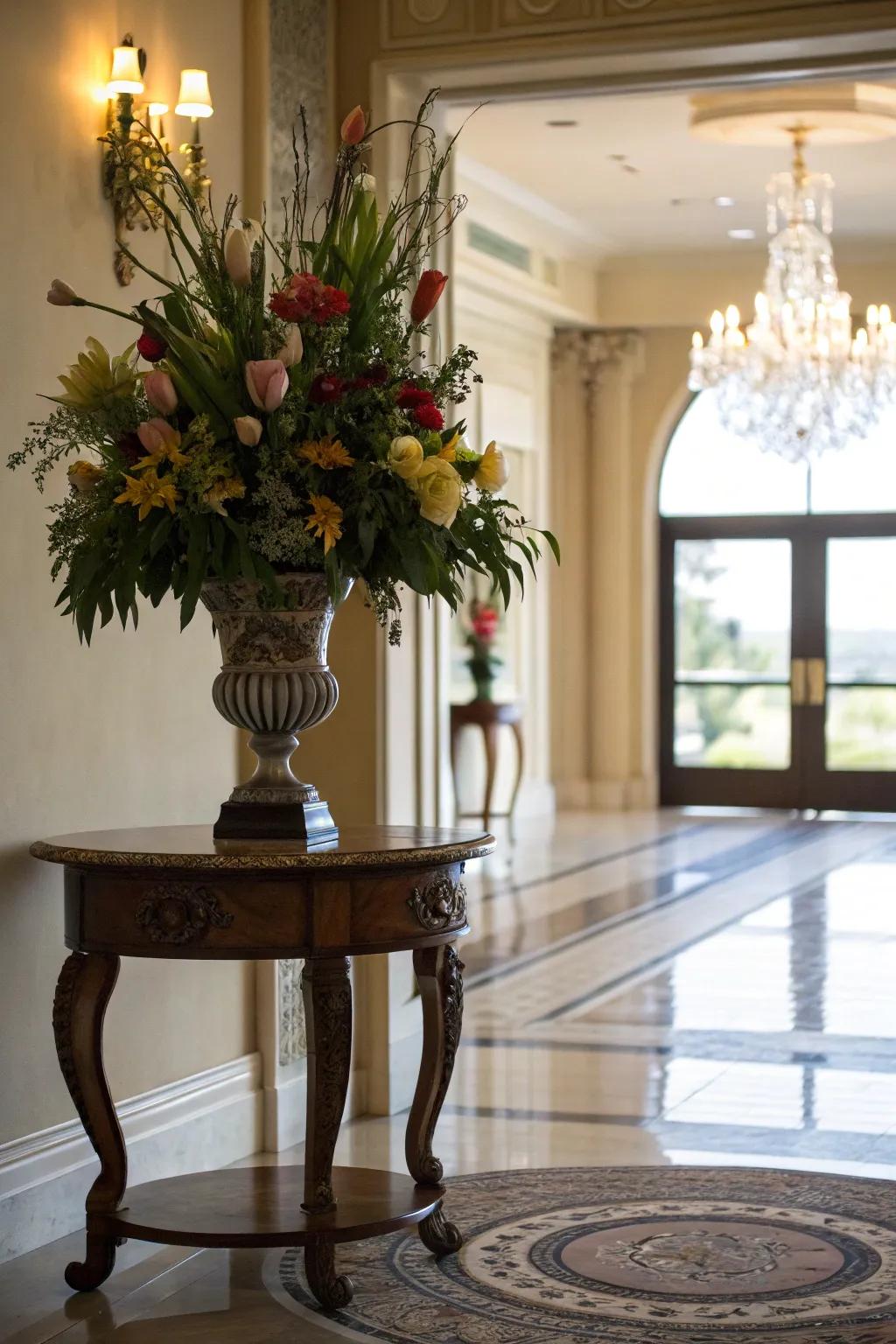 Fresh flowers introduce nature and elegance to the entryway.