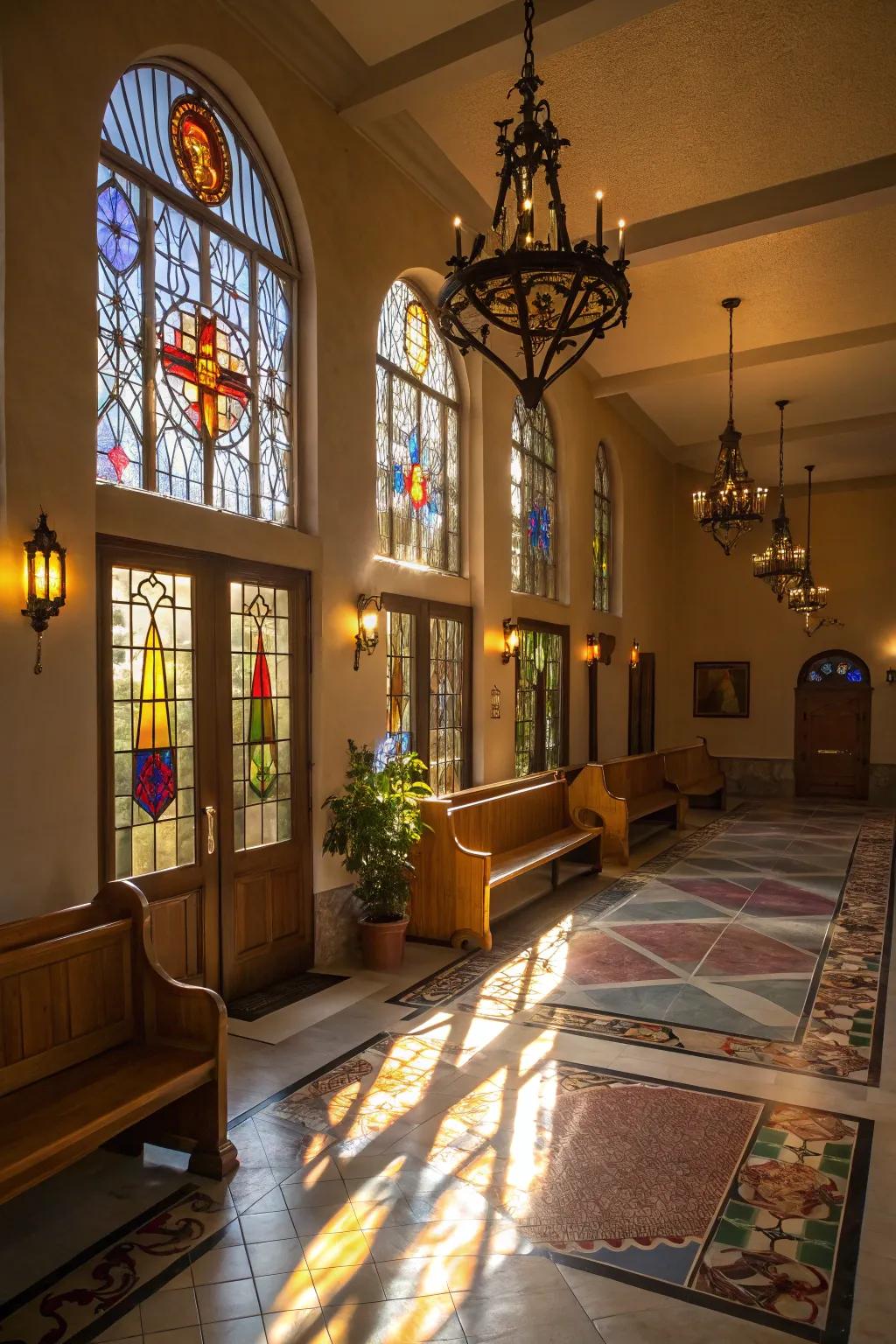 Lighting strategies enhance the peaceful feel of the church lobby.