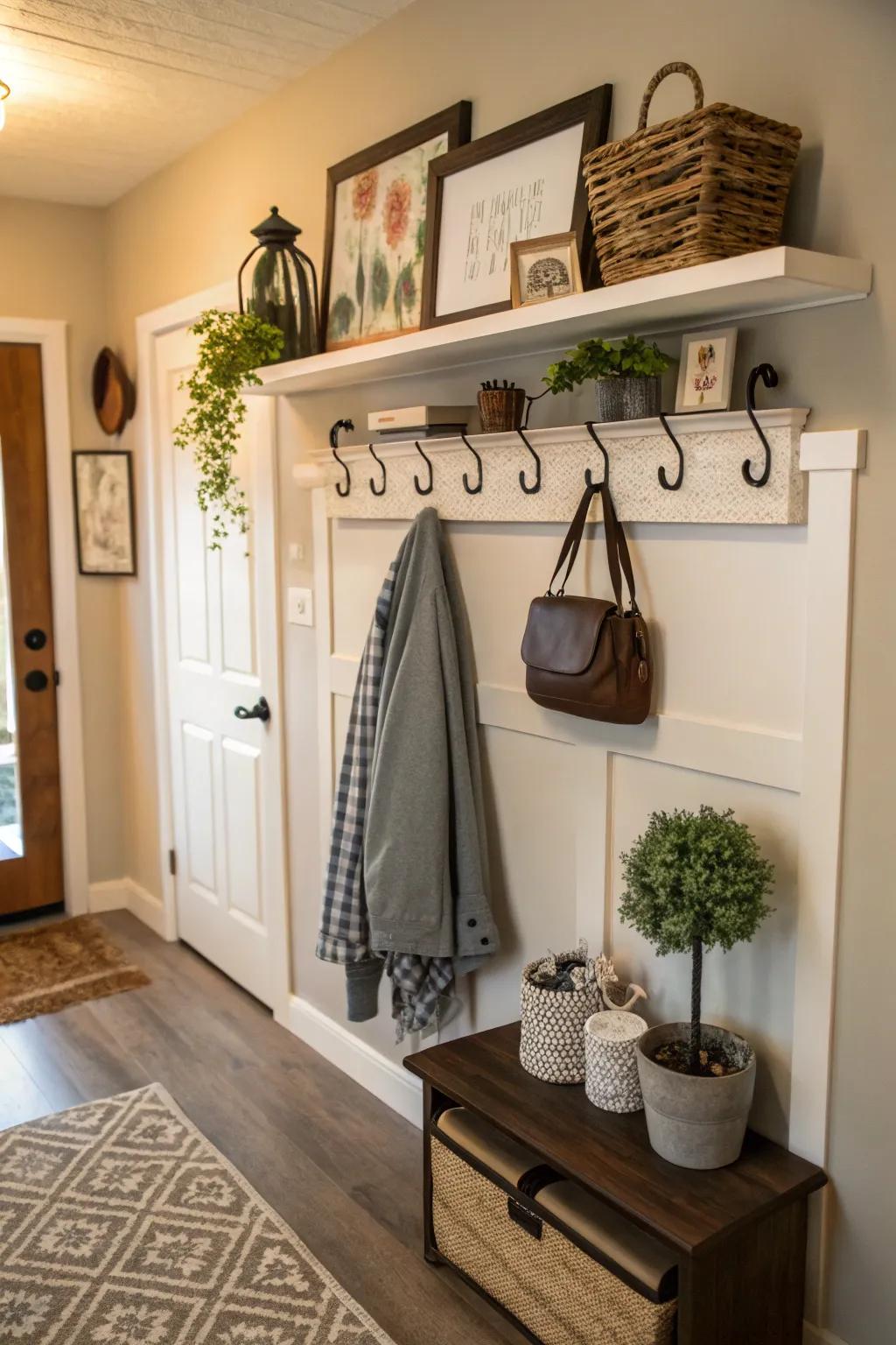 Add some style with a floating shelf and hooks.
