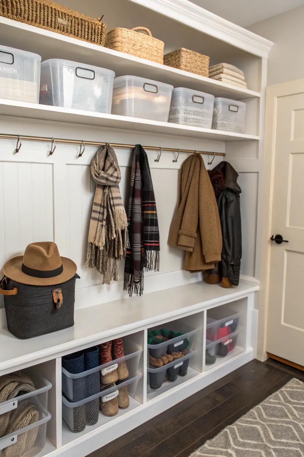 See-through bins maintain visibility and organization in this mudroom.