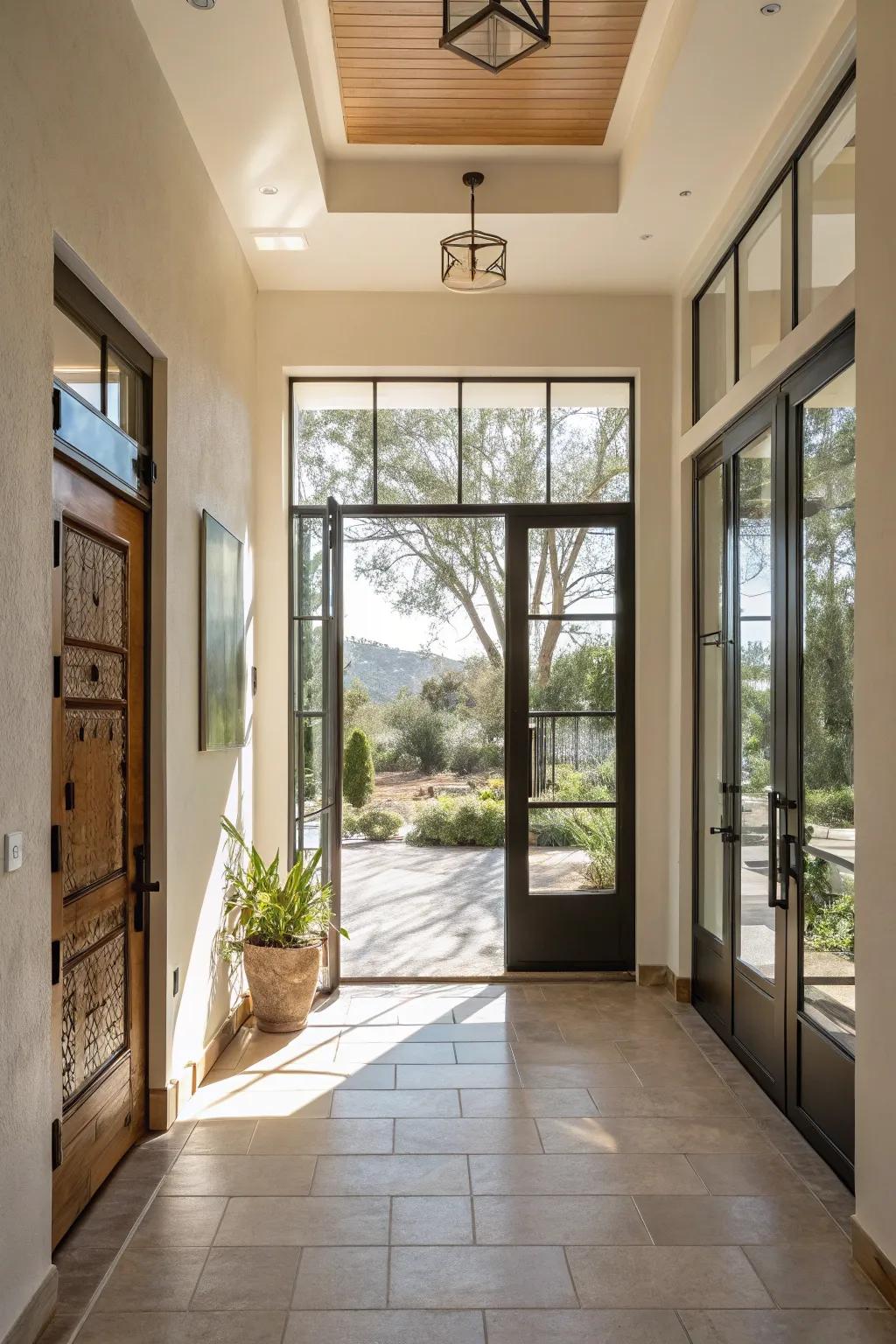 A foyer with glass doors enabling natural light to design a modern and airy feel.