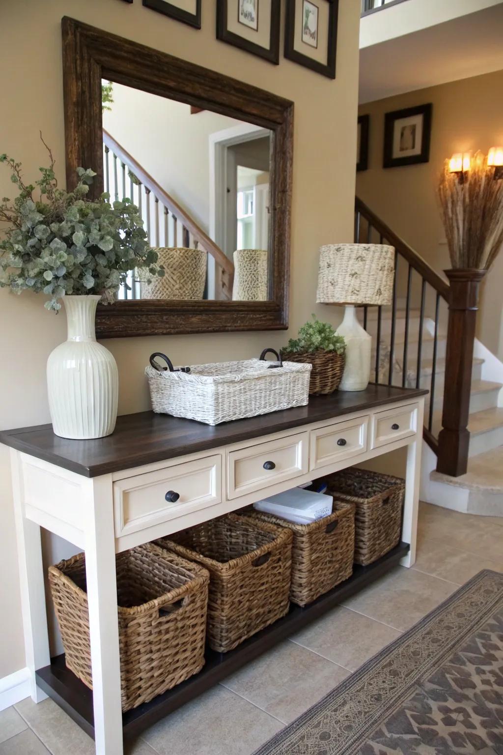 Elegant containers and bins for arranging entryway must-haves.