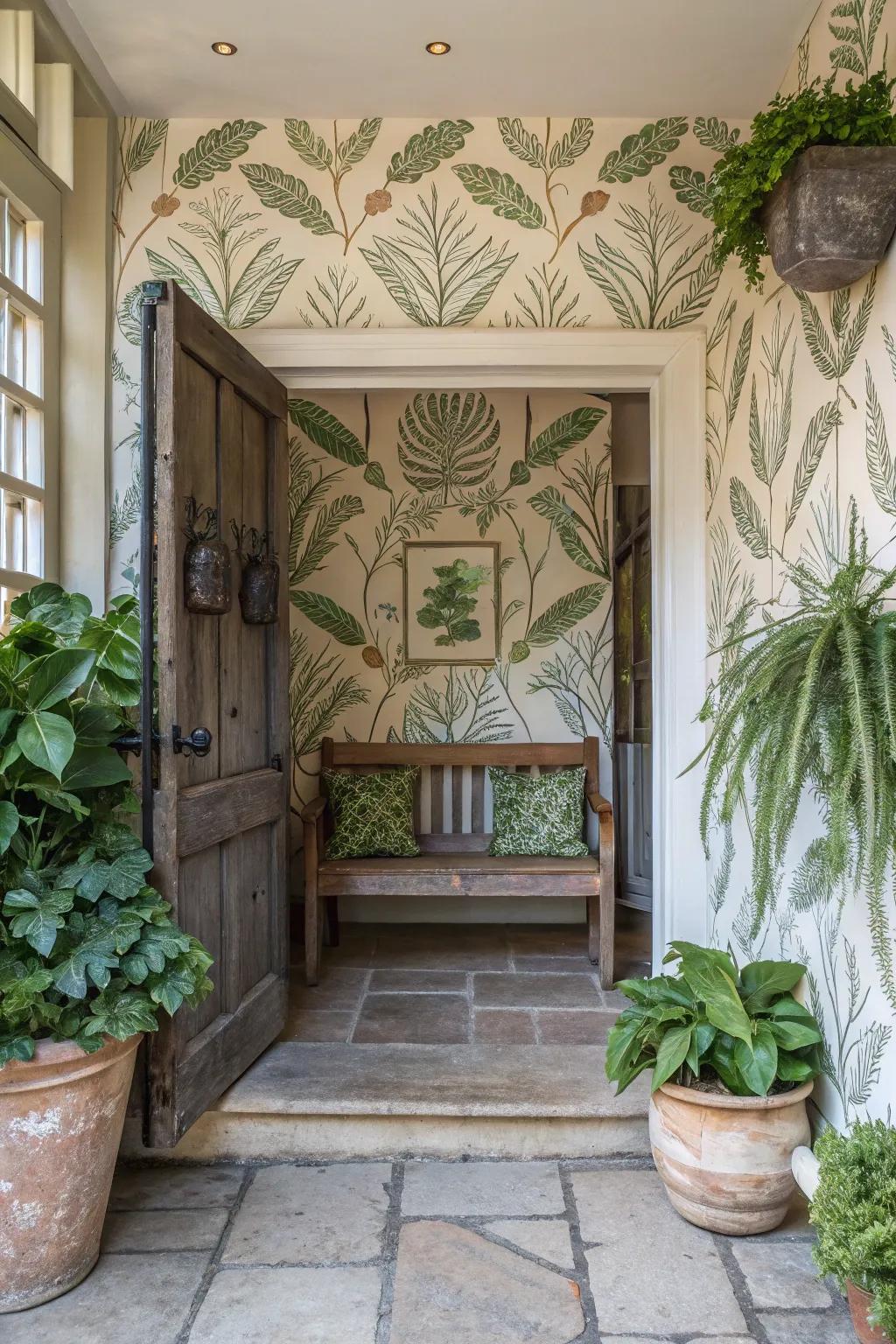 Serene entryway featuring nature-inspired wallpaper, establishing a peaceful vibe.