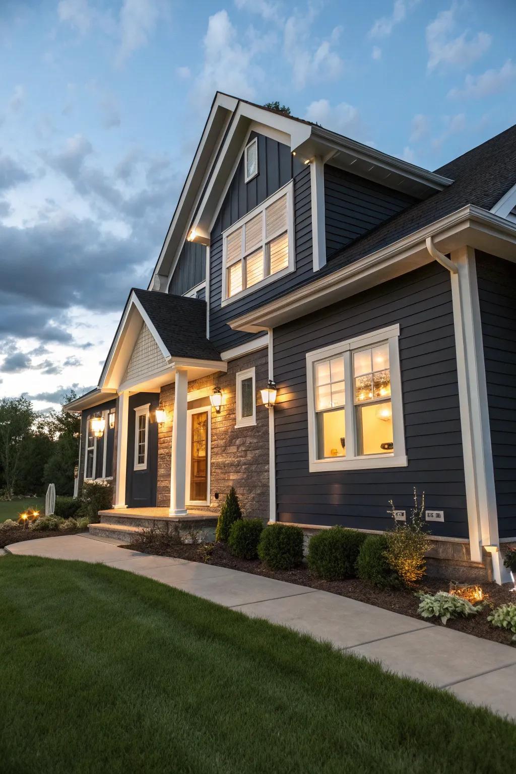 Exterior cladding and accents contrast dynamically.