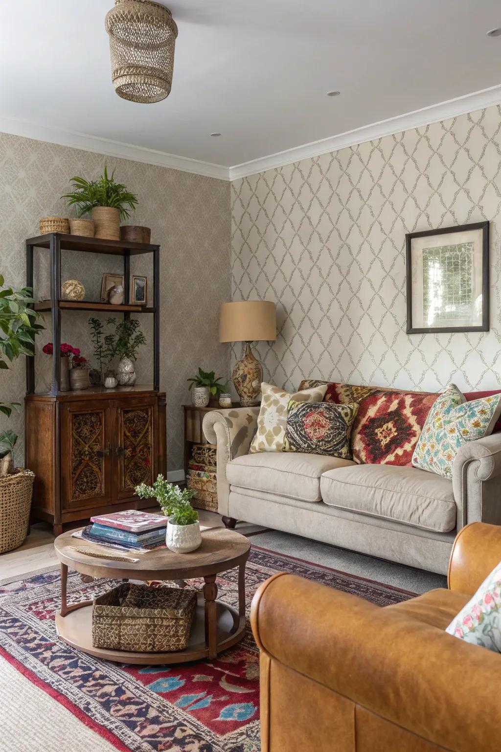 Material wallpapers add depth and warmth to your living area.