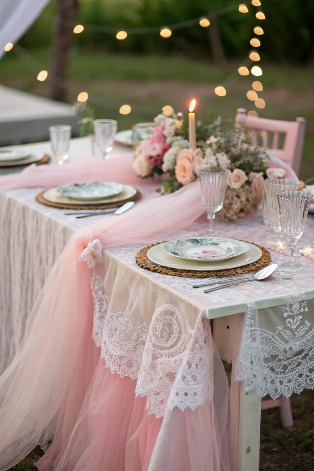Fine netting and lace introduce a delicate aspect to the party decor.